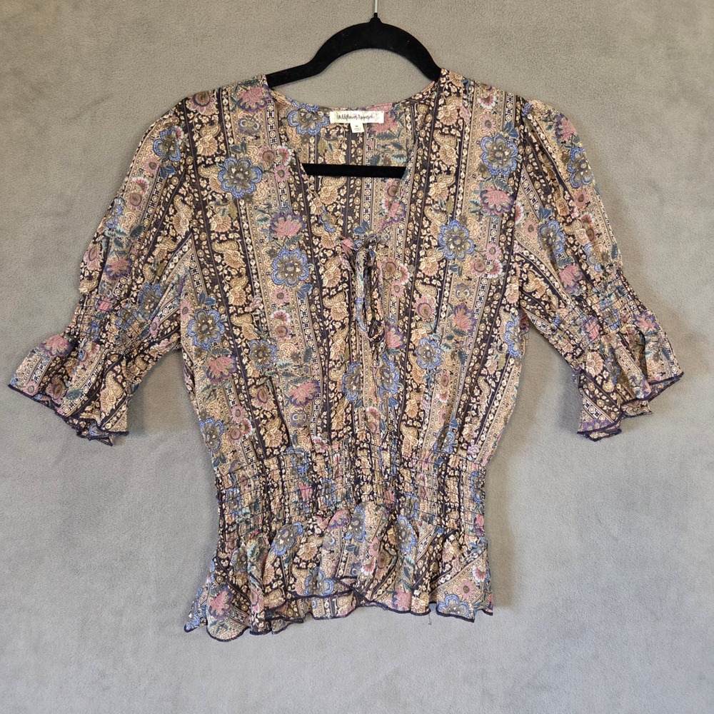 Wildflower Apparel Floral Smocked Peasant Top Women's Medium Boho Hippie - Picture 1 of 14